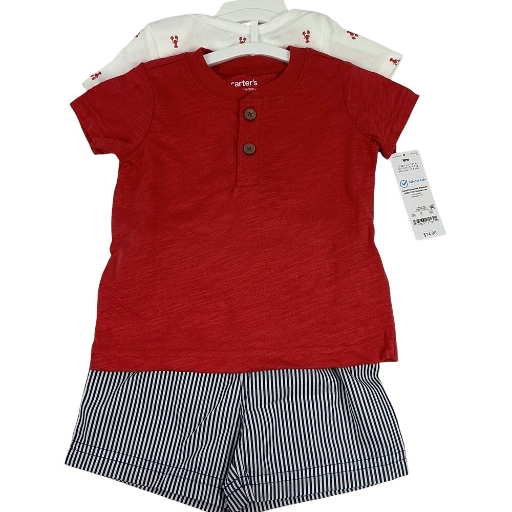 Carters Baby Boy 3 Piece Set Red Top Lobster Bodysuit Striped Shorts 9M